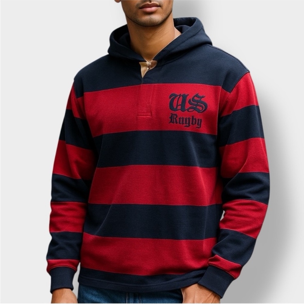 US Rugby Hooded Polo Pullover Red Blue Small
